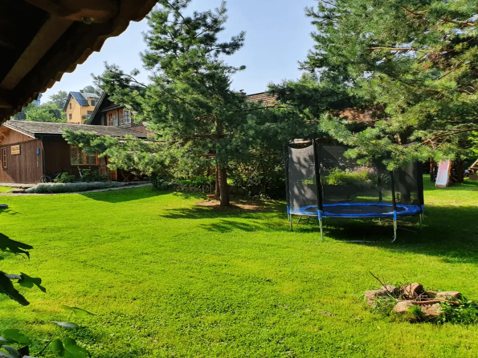 Trampolina oraz basen w ogrodzie karpackiego dworku, na trampolinę pada cień z położonego obok drzewa