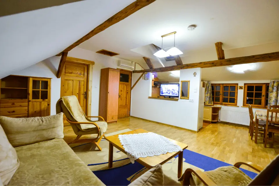 Największy z proponowanych apartamentów, pod brzozą oraz widok na cały apartament, widzimy salon oraz wejścia do poszczególnych pokoi, w salonie znajduje się włączony telewizor
